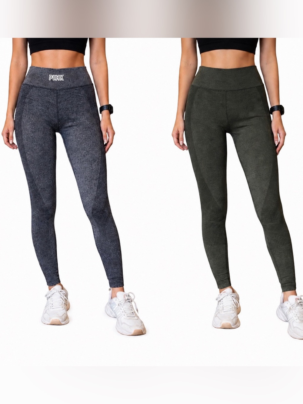 2 PINK Victoria's Secret Olive Green & Gray Seamless High-Waist Leggings S/M